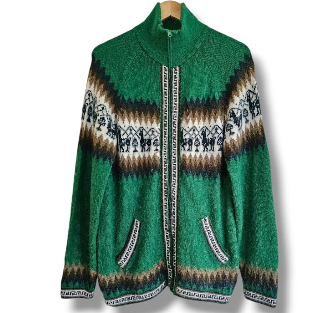 Vintage Alpaca Wool Green Full Zip Sweater Inca Pattern Llama Fair Isle Pockets